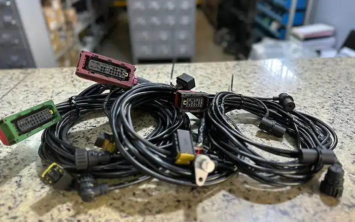 Chicotes e sistemas elétricos de caminhões em avaliação na TR Auto Elétrica em Itaúna